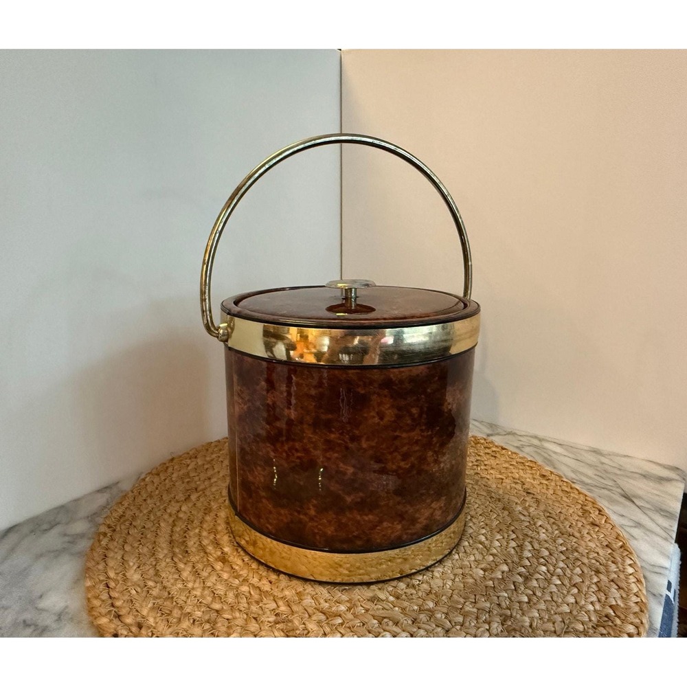 Vintage MCM faux tortoise vinyl ice bucket with‎ gold trim